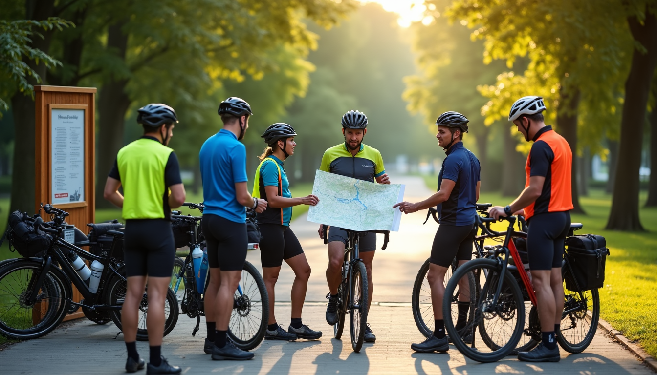 Grupa rowerzystów w odzieży sportowej planuje trasę na mapie w parku. Jak założyć klub turystyki rowerowej – przewodnik krok po kroku.