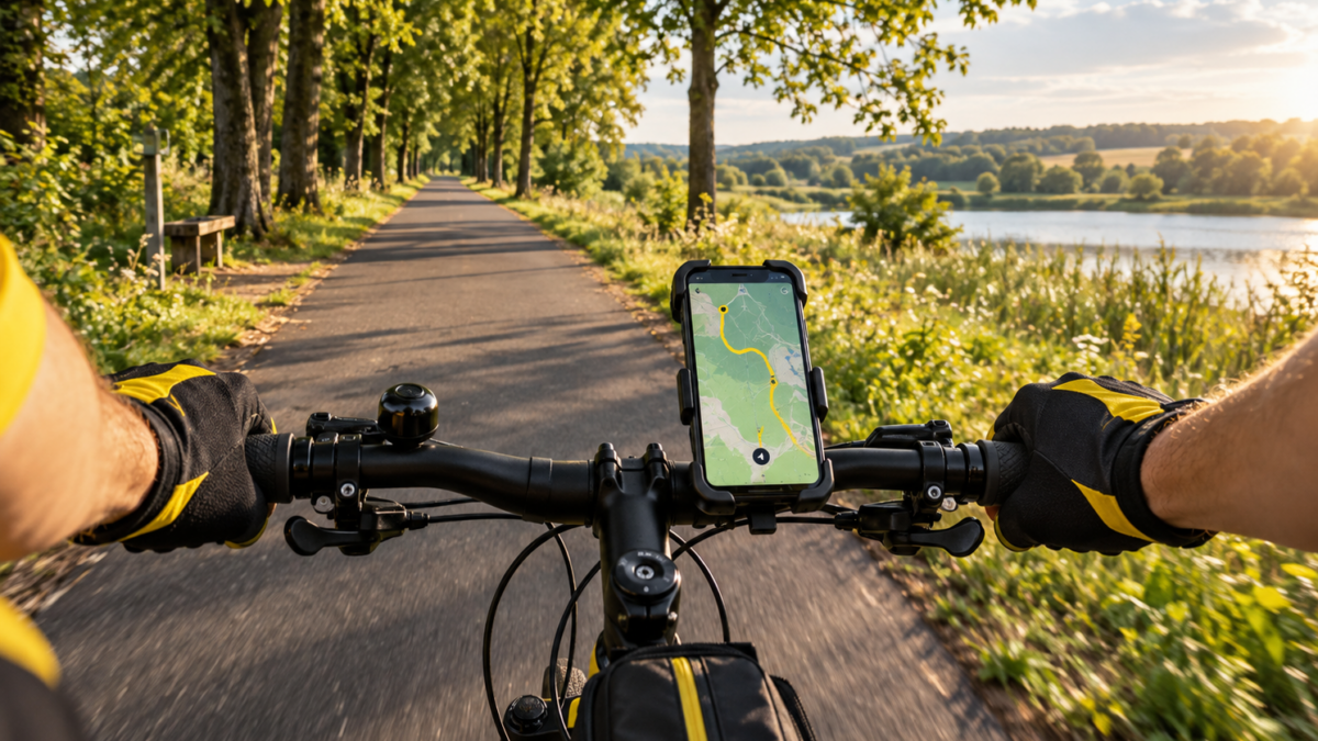 Nagrywanie śladu GPX na rowerze – smartfon z mapą na kierownicy podczas jazdy trasą rowerową nad jeziorem