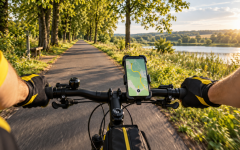 Nagrywanie śladu GPX na rowerze – smartfon z mapą na kierownicy podczas jazdy trasą rowerową nad jeziorem