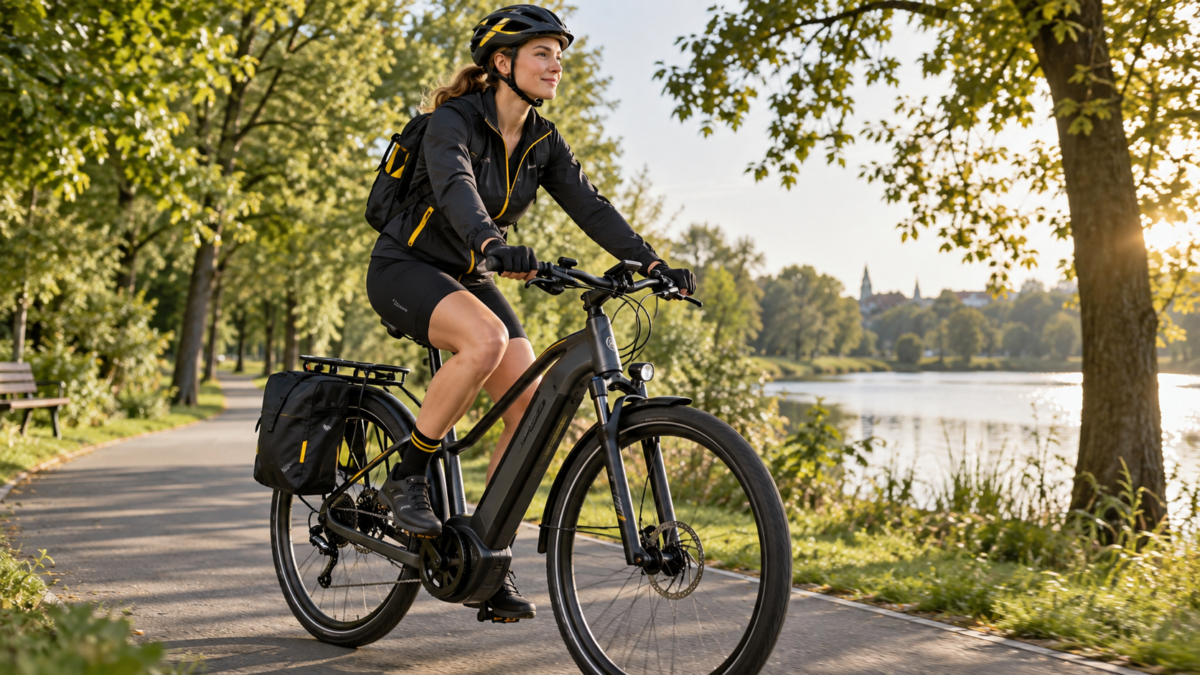Bielizna na rower elektryczny – rowerzystka w spodenkach rowerowych z wkładką