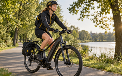 Bielizna na rower elektryczny – rowerzystka w spodenkach rowerowych z wkładką