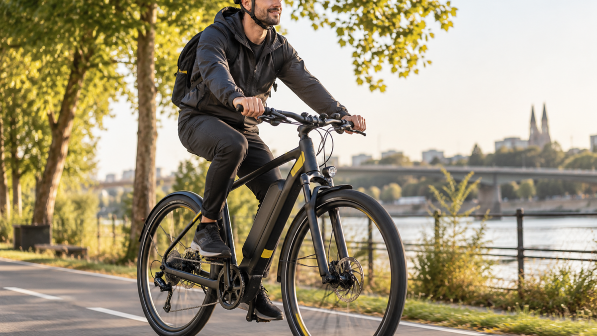 Rowerzysta w kasku jadący na rowerze elektrycznym – bezpieczeństwo i jazda bez kasku 2026
