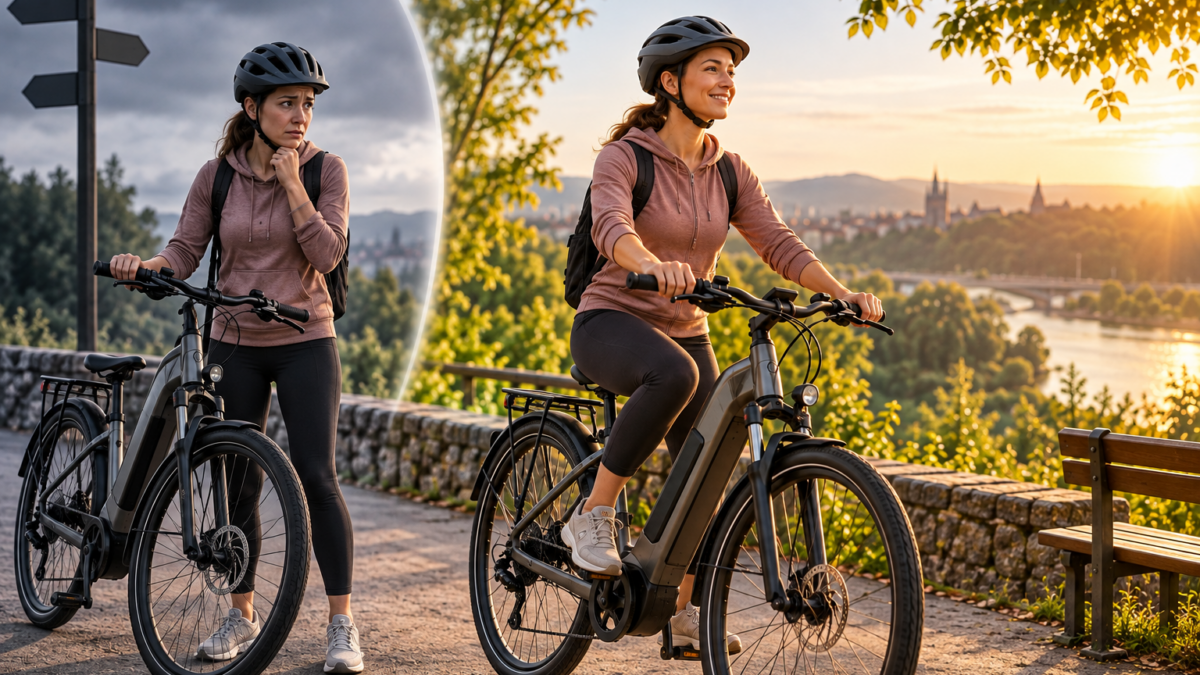 Lęk przed jazdą na rowerze elektrycznym – rowerzystka oswajająca strach i nabierająca pewności podczas jazdy
