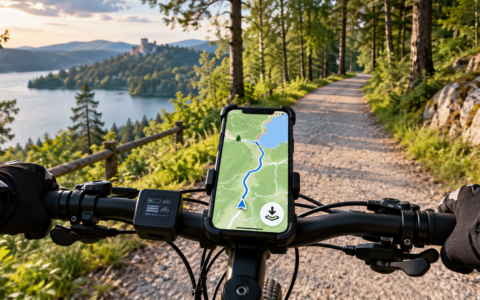 Mapy rowerowe GPS offline na smartfonie zamocowanym na kierownicy roweru podczas jazdy leśną trasą nad jeziorem