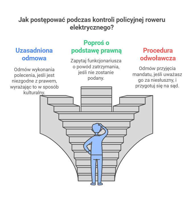 Infografika przedstawiająca sposoby postępowania podczas kontroli policyjnej roweru elektrycznego. W centrum ilustracja osoby stojącej przed rozwidleniem schodów, symbolizującym różne opcje działania. Po lewej stronie znajduje się 'Uzasadniona odmowa' (odmowa wykonania niezgodnego z prawem polecenia w sposób kulturalny). W środku 'Poproś o podstawę prawną' (zapytanie o powód zatrzymania, jeśli nie został podany). Po prawej 'Procedura odwoławcza' (odmowa przyjęcia mandatu w razie uznania go za niesłuszny i przygotowanie się na sprawę sądową).