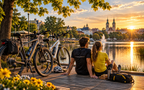 Para na randce rowerowej nad miejskim stawem z rowerami trekkingowymi o zachodzie słońca.