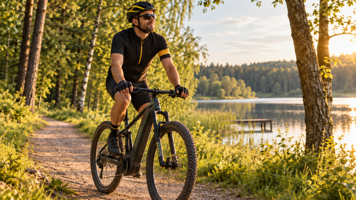 Rower elektryczny a zdrowie psychiczne – rowerzysta na e-MTB podczas spokojnej jazdy nad jeziorem