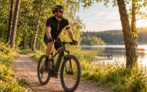 Rower elektryczny a zdrowie psychiczne – rowerzysta na e-MTB podczas spokojnej jazdy nad jeziorem