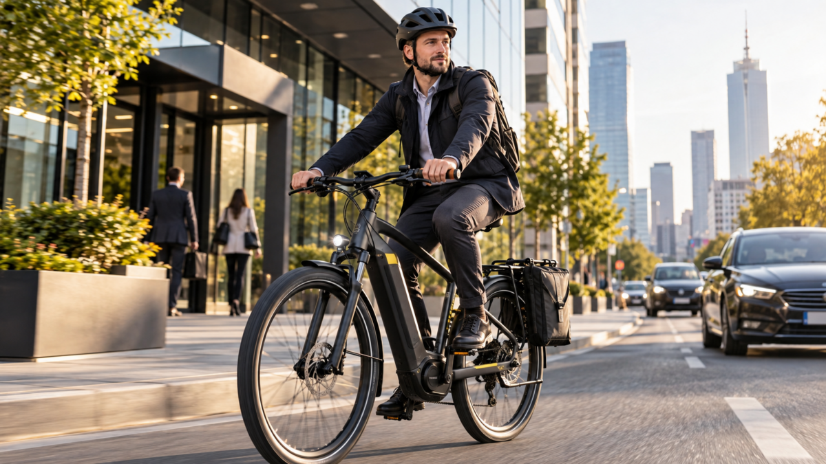 Mężczyzna dojeżdżający rowerem elektrycznym do pracy w nowoczesnym mieście