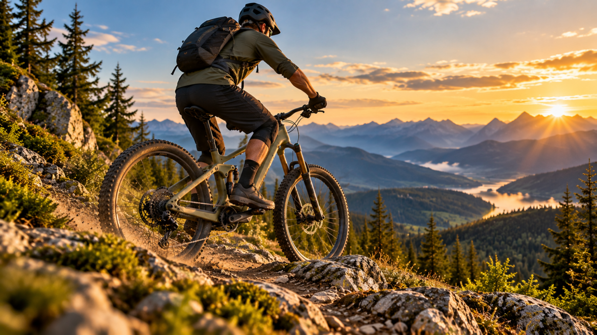 Rower elektryczny górski e-MTB z rowerzystą na górskim szlaku o zachodzie słońca