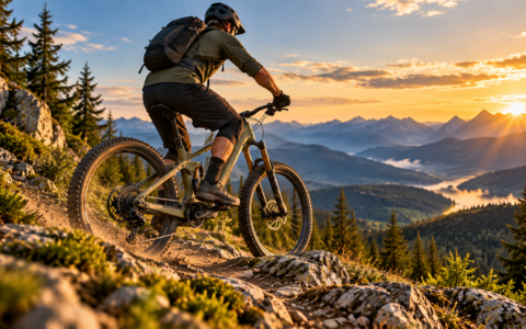 Rower elektryczny górski e-MTB z rowerzystą na górskim szlaku o zachodzie słońca