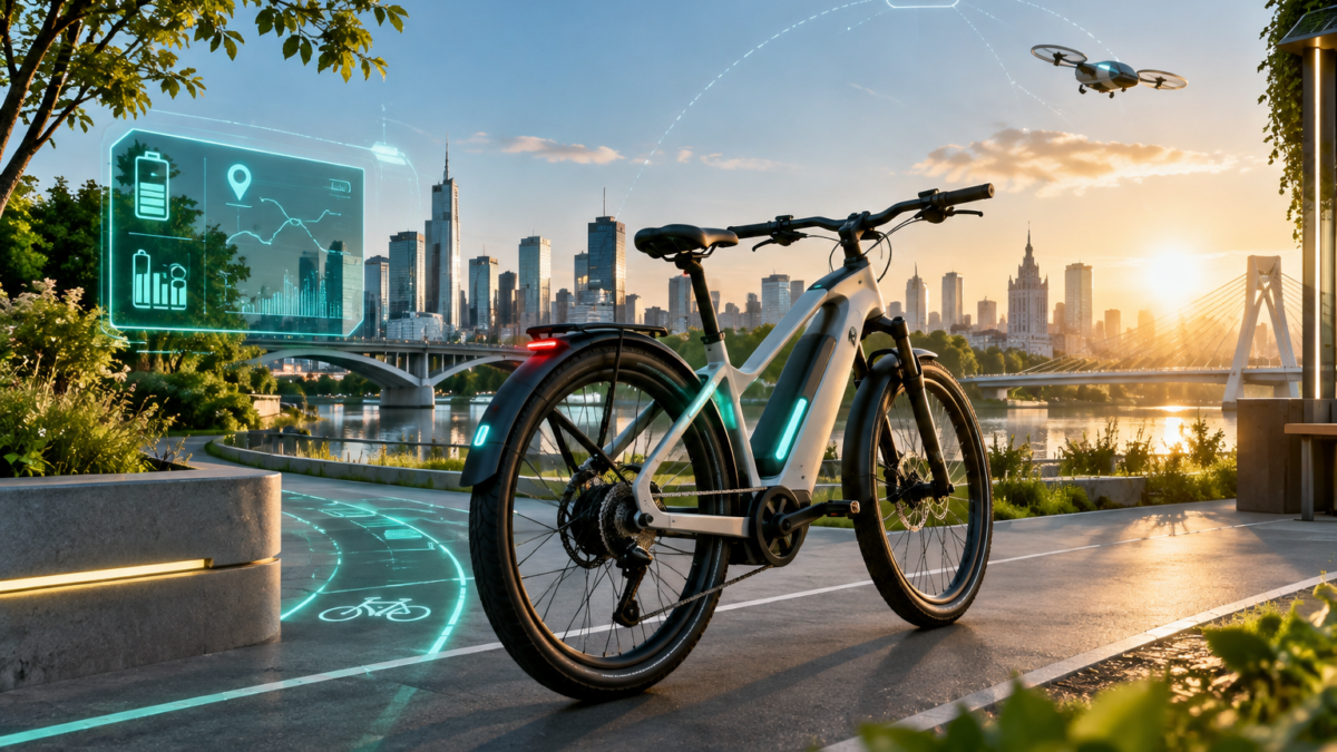 Nowoczesny rower elektryczny w futurystycznym mieście z cyfrowymi funkcjami, symbolizujący technologie roweru przyszłości