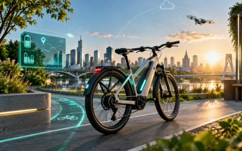 Nowoczesny rower elektryczny w futurystycznym mieście z cyfrowymi funkcjami, symbolizujący technologie roweru przyszłości