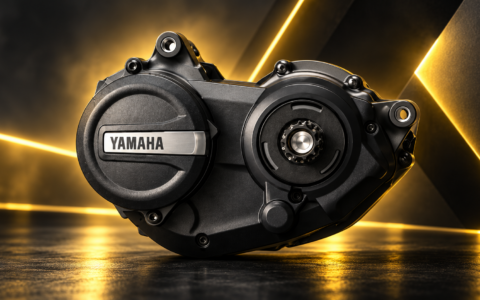 Silnik Yamaha do roweru elektrycznego na ciemnym tle z żółtym podświetleniem