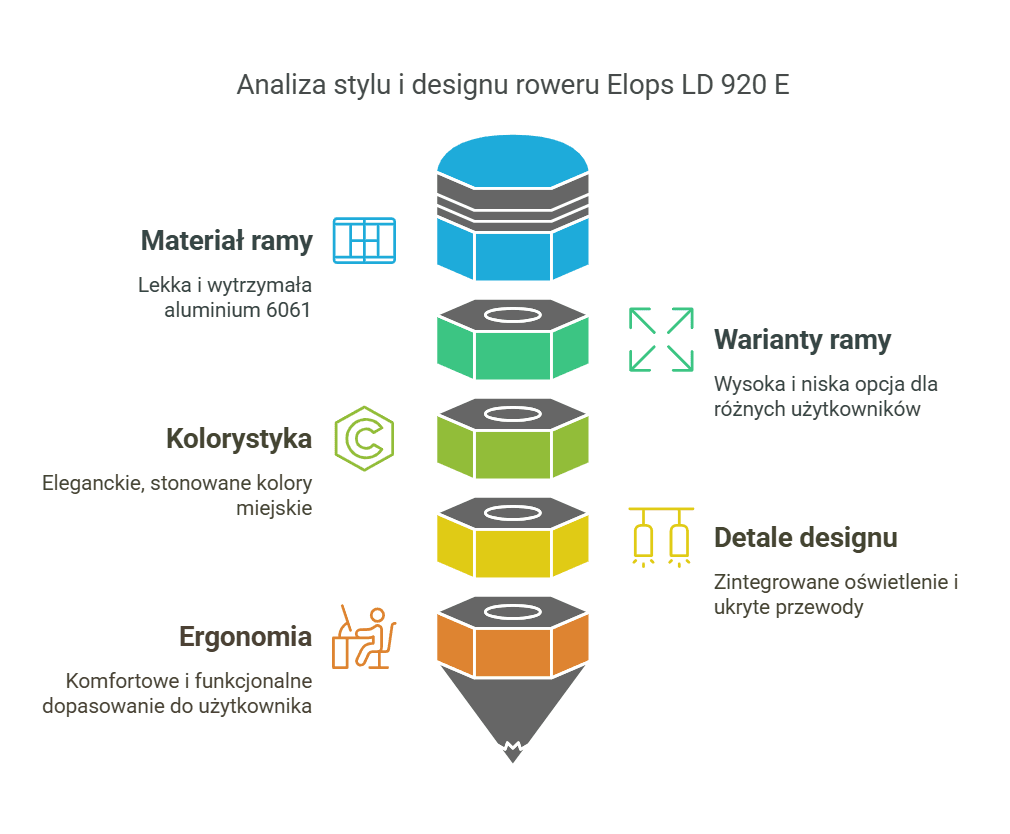 Infografika przedstawiająca analizę stylu i designu roweru elektrycznego Elops LD 920 E. Sekcja 'Materiał ramy' podkreśla lekkie i wytrzymałe aluminium 6061. 'Kolorystyka' opisuje eleganckie, stonowane kolory miejskie. 'Warianty ramy' obejmują wysoką i niską opcję dla różnych użytkowników. 'Detale designu' prezentują zintegrowane oświetlenie i ukryte przewody. 'Ergonomia' akcentuje komfortowe i funkcjonalne dopasowanie do użytkownika.