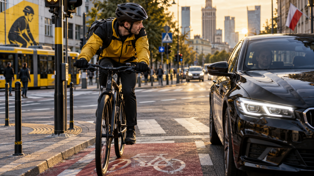 Rowerzysta na przejeździe rowerowym obok samochodu w miejskim ruchu – wypadki rowerowe w Polsce i najczęstsze przyczyny