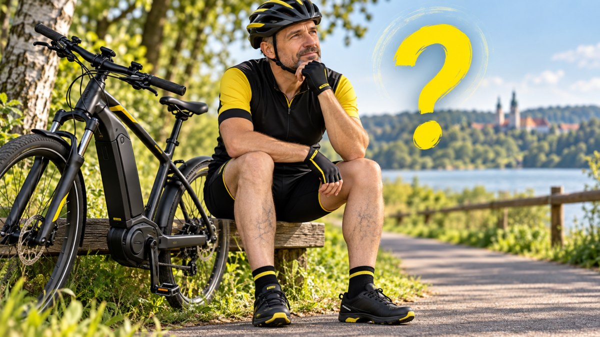 Rowerzysta z widocznymi żylakami nóg siedzi obok roweru elektrycznego, a obok znajduje się znak zapytania – okładka artykułu o jeździe na rowerze przy żylakach.
