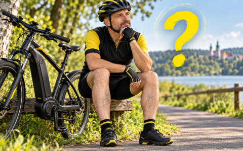 Rowerzysta z widocznymi żylakami nóg siedzi obok roweru elektrycznego, a obok znajduje się znak zapytania – okładka artykułu o jeździe na rowerze przy żylakach.