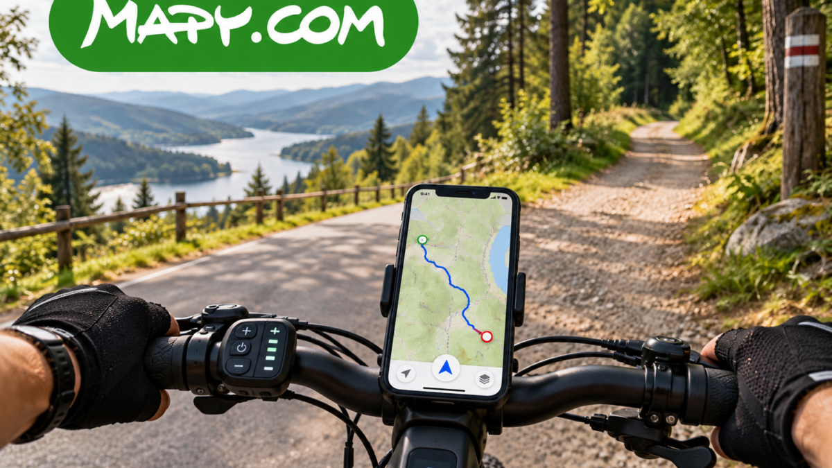 Mapy.com – planowanie trasy rowerowej na e-bike’u, telefon z mapą na kierownicy i widok malowniczej trasy