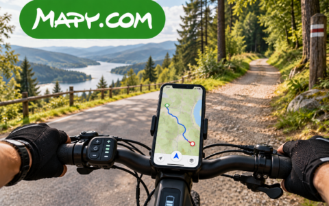 Mapy.com – planowanie trasy rowerowej na e-bike’u, telefon z mapą na kierownicy i widok malowniczej trasy
