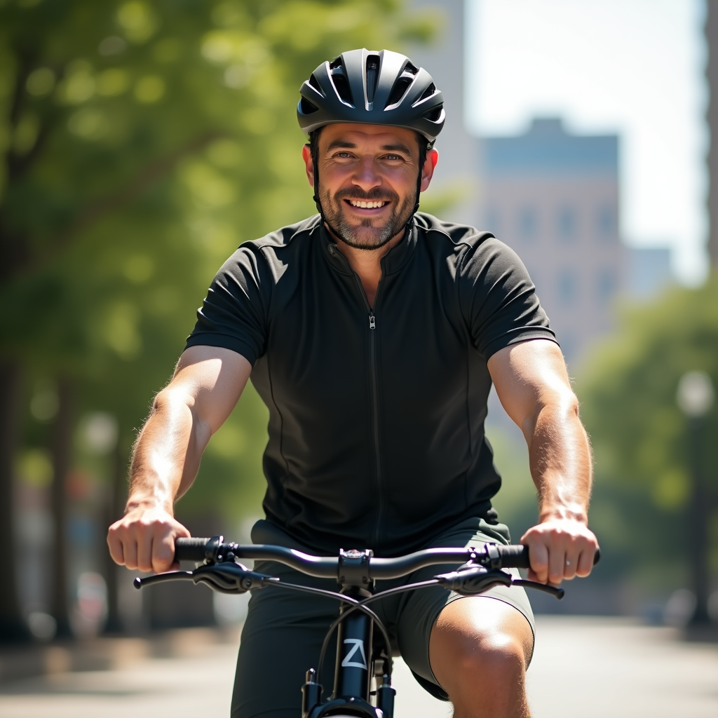 Mężczyzna w średnim wieku na rowerze elektrycznym w miejskim otoczeniu, uśmiechnięty i noszący kask, symbolizujący pasję do aktywności fizycznej i radzenie sobie z kryzysem wieku średniego.