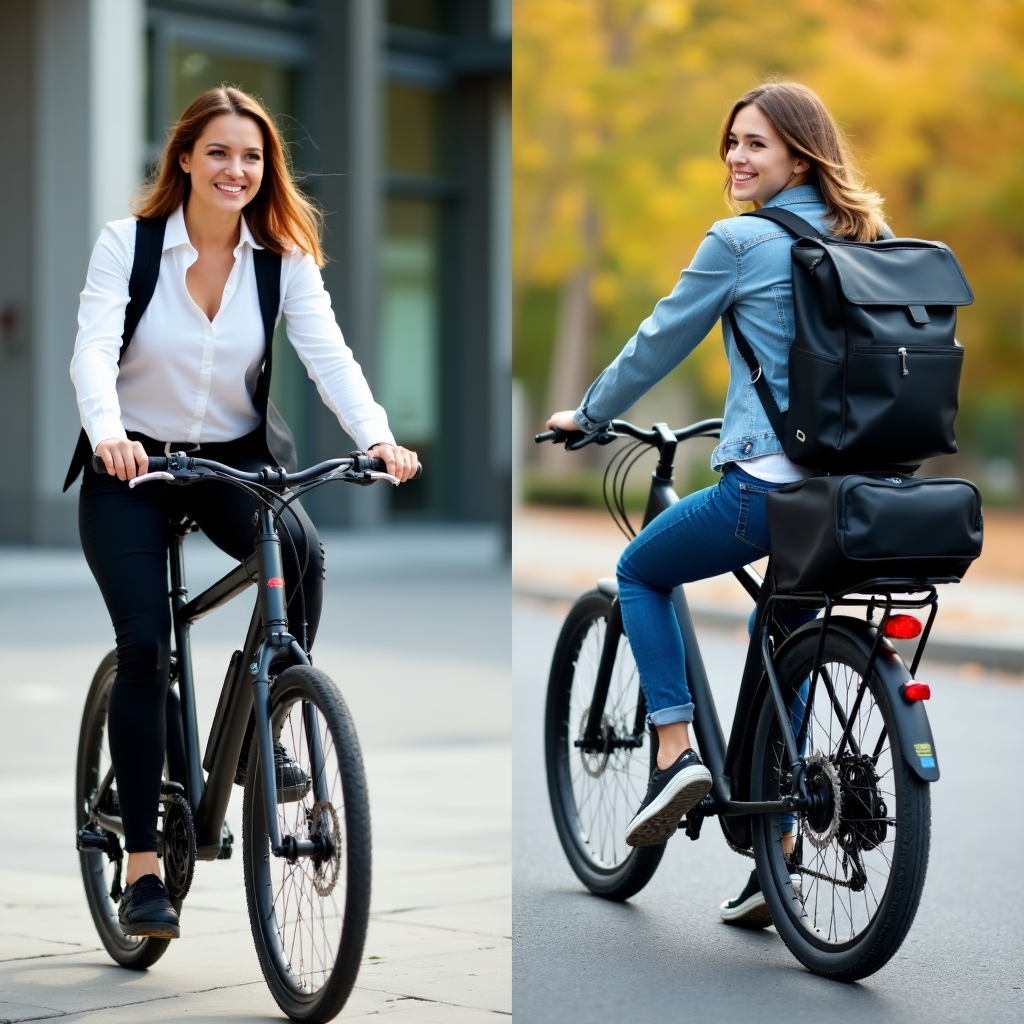 Porównanie dwóch sposobów przewożenia bagażu na rowerze elektrycznym. Po lewej kobieta w eleganckim stroju jedzie rowerem bez plecaka. Po prawej ta sama kobieta na rowerze z plecakiem oraz torbą na bagażniku.