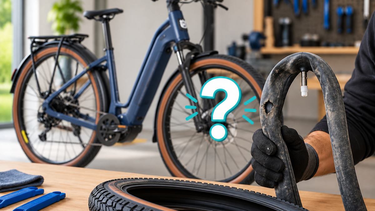 Wymiana dętki w rowerze elektrycznym – przebita dętka obok koła e-bike’a
