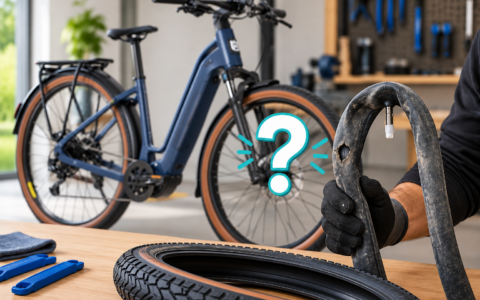 Wymiana dętki w rowerze elektrycznym – przebita dętka obok koła e-bike’a