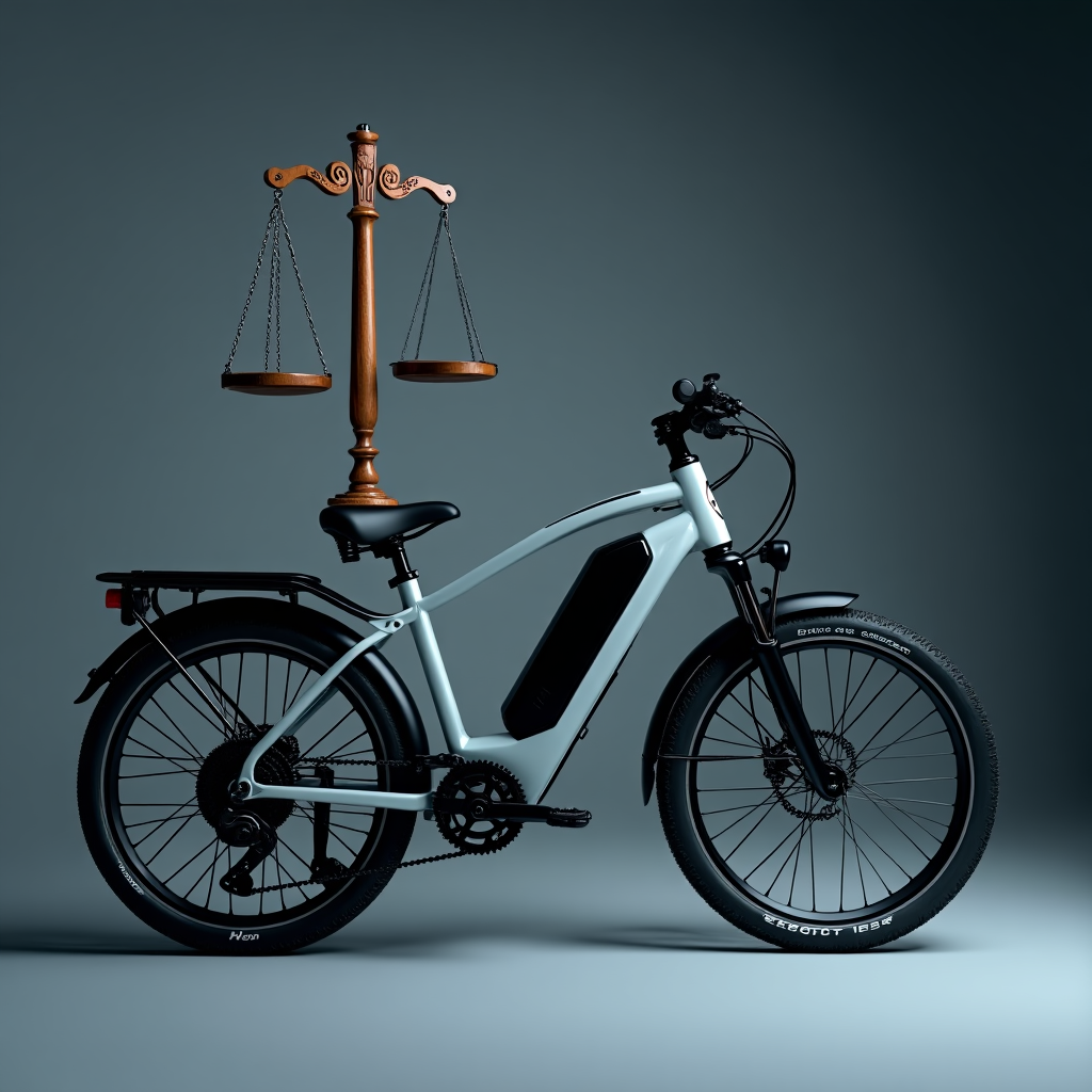 Rower elektryczny z symbolem wagi sprawiedliwości, reprezentujący przepisy i zasady dotyczące e-bike'ów w 2025 roku.