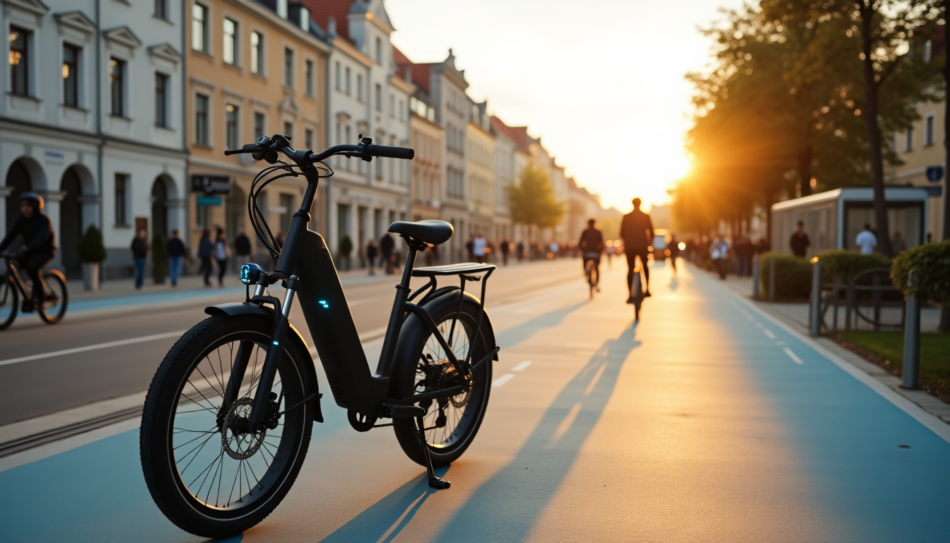 Nowoczesny rower elektryczny na ścieżce rowerowej w polskim mieście o zachodzie słońca. Przyszłość e-mobilności w miejskiej przestrzeni.