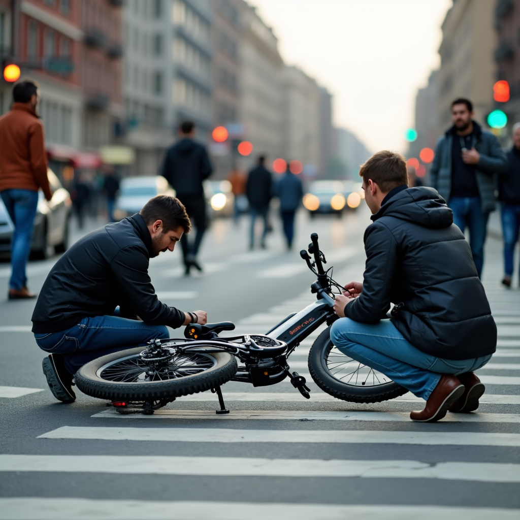 Wypadek rowerowy na przejściu dla pieszych w mieście – dwie osoby pomagają poszkodowanemu rowerzyście. Ruch uliczny w tle.