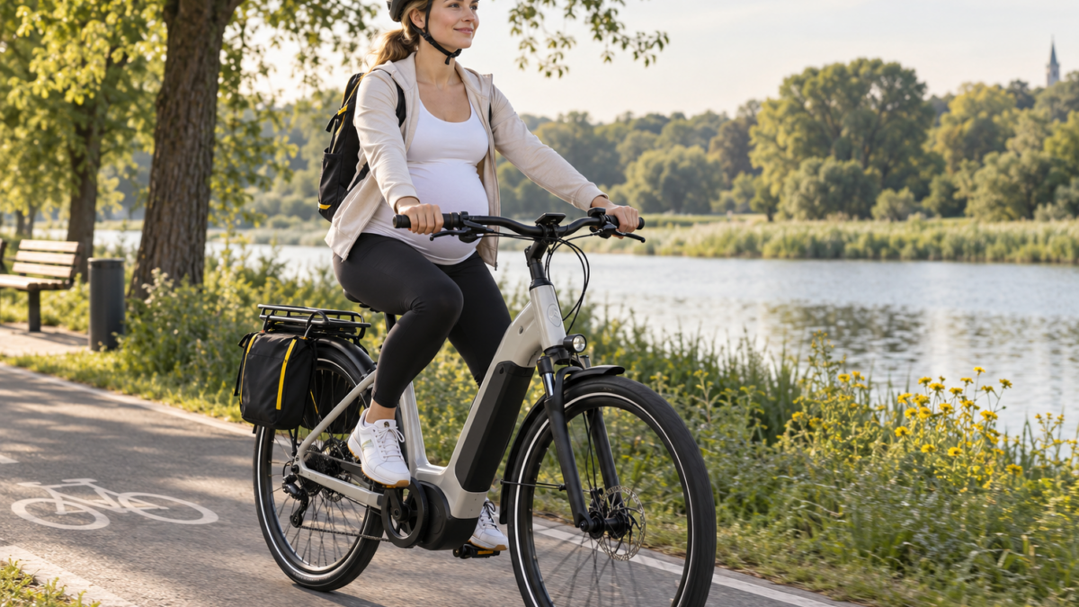 Kobieta w ciąży jadąca na rowerze elektrycznym po spokojnej trasie nad jeziorem