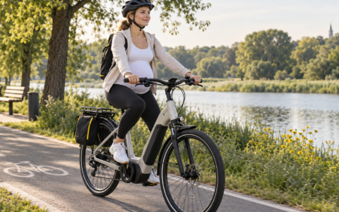 Kobieta w ciąży jadąca na rowerze elektrycznym po spokojnej trasie nad jeziorem