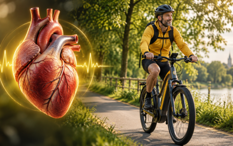 Czy jazda na rowerze elektrycznym jest zdrowa dla serca – anatomiczne serce po lewej i rowerzysta na rowerze elektrycznym po prawej