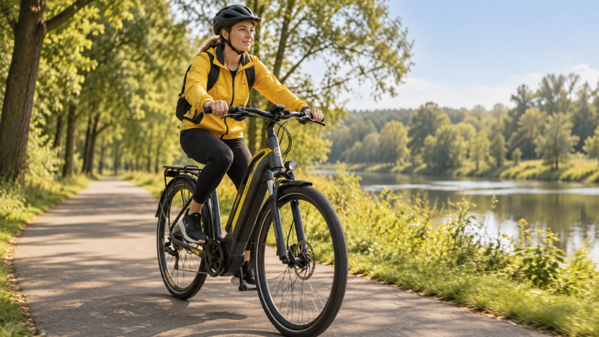 Początkująca rowerzystka podczas jazdy na rowerze elektrycznym na spokojnej trasie nad jeziorem