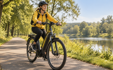 Początkująca rowerzystka podczas jazdy na rowerze elektrycznym na spokojnej trasie nad jeziorem