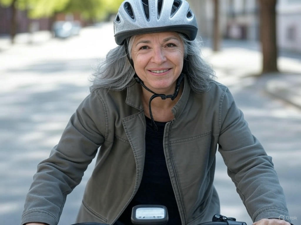 Uśmiechnięta kobieta po 50-tce jadąca na e-bike’u w przestrzeni miejskiej – e-bike jako rewolucja w aktywności i zdrowiu kobiet dojrzałych.