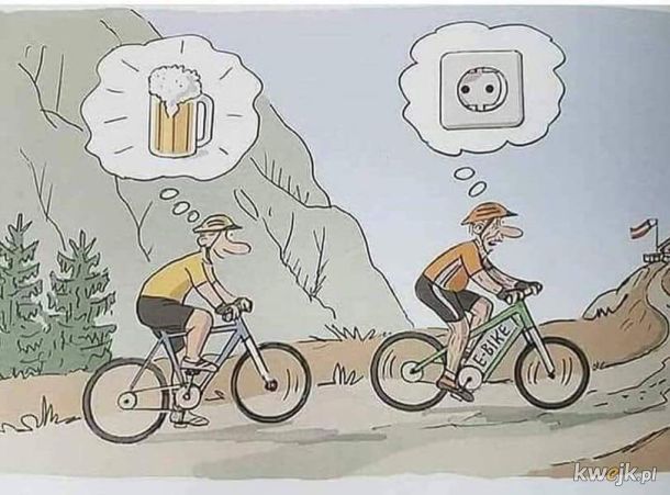 Tradycyjny rower vs. e-bike – różnice w motywacji. Jeden marzy o zimnym piwie po trasie, drugi o najbliższym gniazdku. Który team wybierasz?