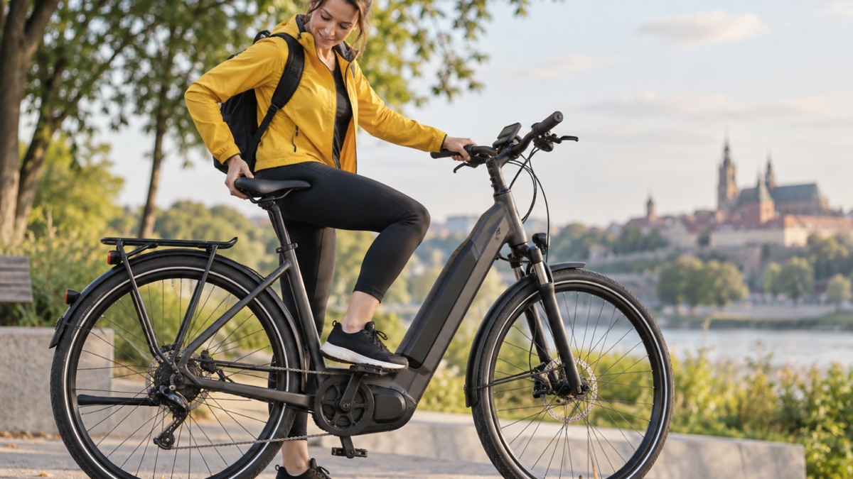 Kobieta dopasowująca siodełko w rowerze elektrycznym do swojej sylwetki