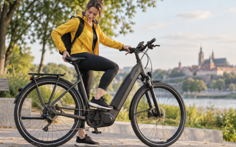 Kobieta dopasowująca siodełko w rowerze elektrycznym do swojej sylwetki