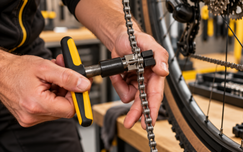 Wymiana łańcucha w rowerze elektrycznym – skuwacz do łańcucha i ręce mechanika podczas pracy przy napędzie roweru