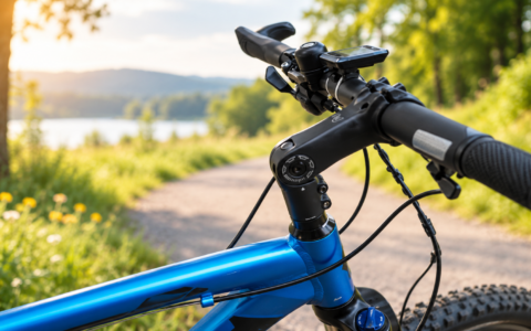 Kierownica roweru elektrycznego po regulacji – kokpit niebieskiego roweru na ścieżce