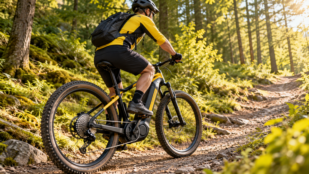 Rower elektryczny podczas podjazdu w lesie – prawidłowa zmiana biegów w e-bike’u