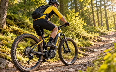 Rower elektryczny podczas podjazdu w lesie – prawidłowa zmiana biegów w e-bike’u