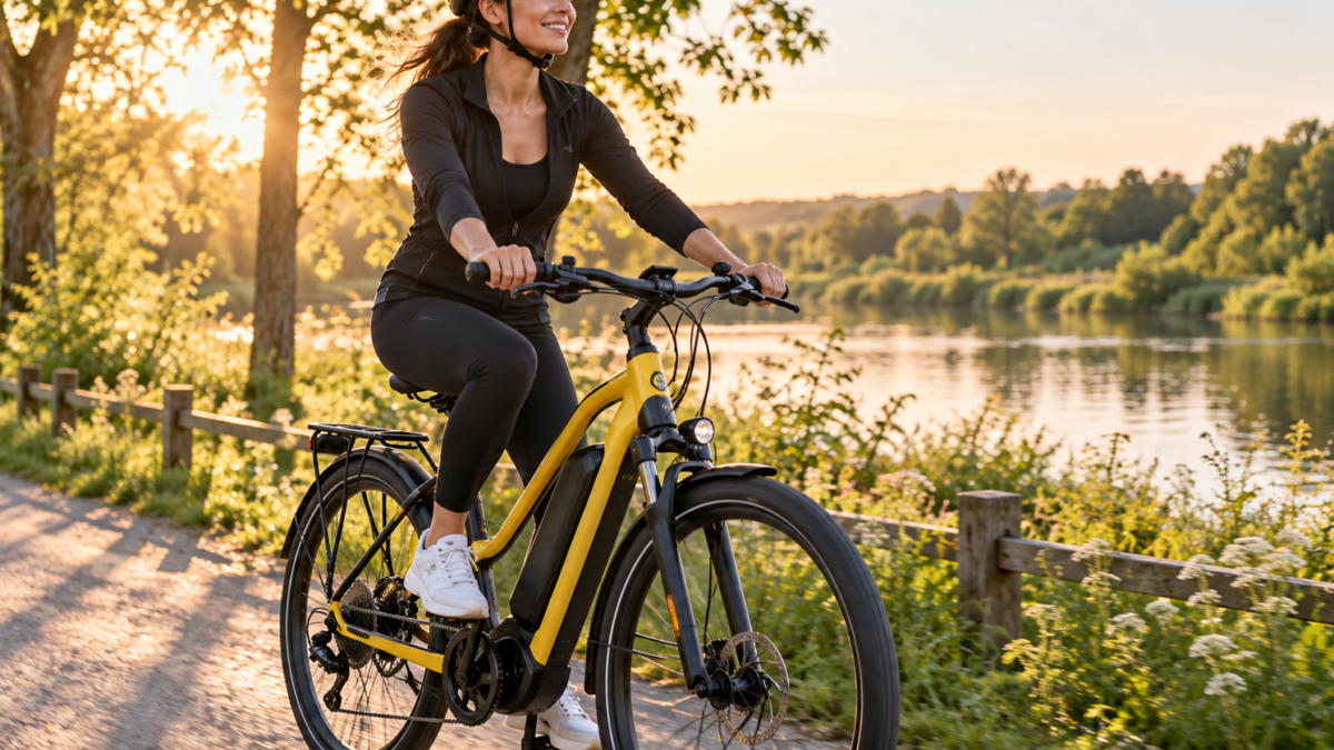 Kobieta jadąca na rowerze elektrycznym – wpływ aktywności fizycznej na hormony kobiet, PMS i zdrowie metaboliczne.
