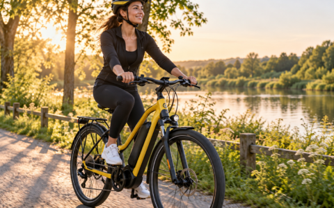 Kobieta jadąca na rowerze elektrycznym – wpływ aktywności fizycznej na hormony kobiet, PMS i zdrowie metaboliczne.
