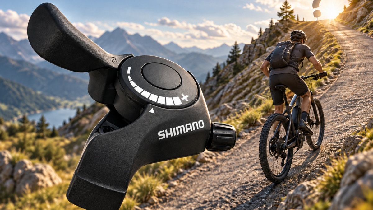Manetka Shimano do roweru elektrycznego na tle stromego podjazdu – na jakim biegu jeździć rowerem elektrycznym
