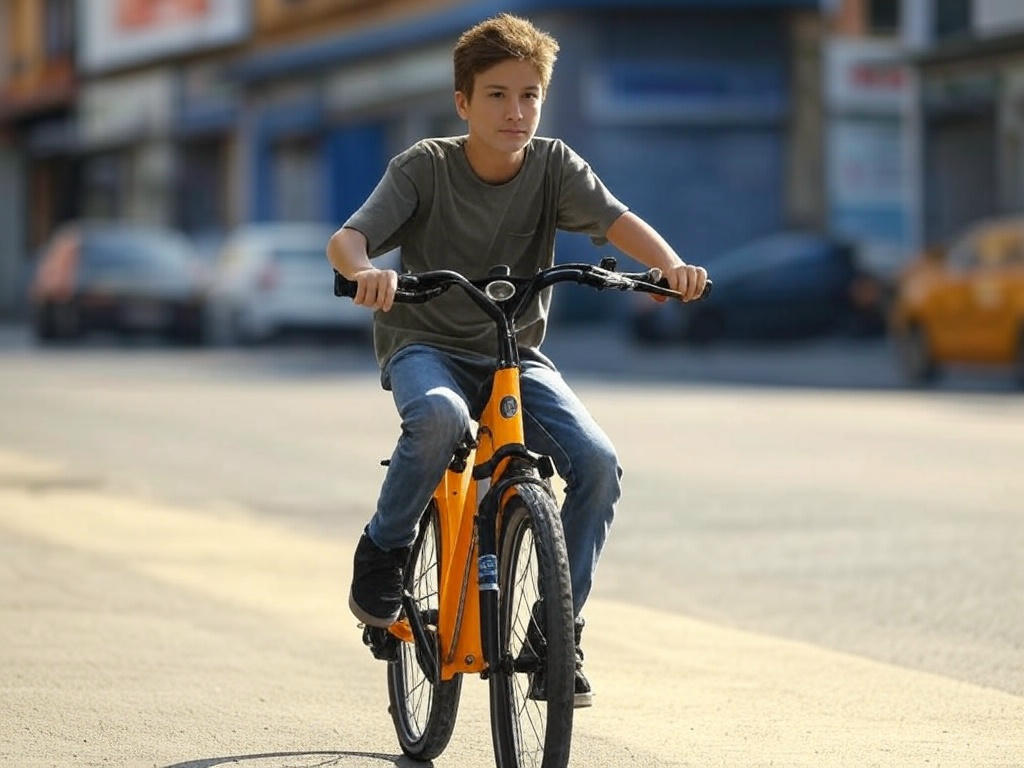 Nieletni na odblokowanych e-bike'ach – młody rowerzysta na elektrycznym rowerze w miejskim otoczeniu, potencjalne zagrożenia i bezpieczeństwo.