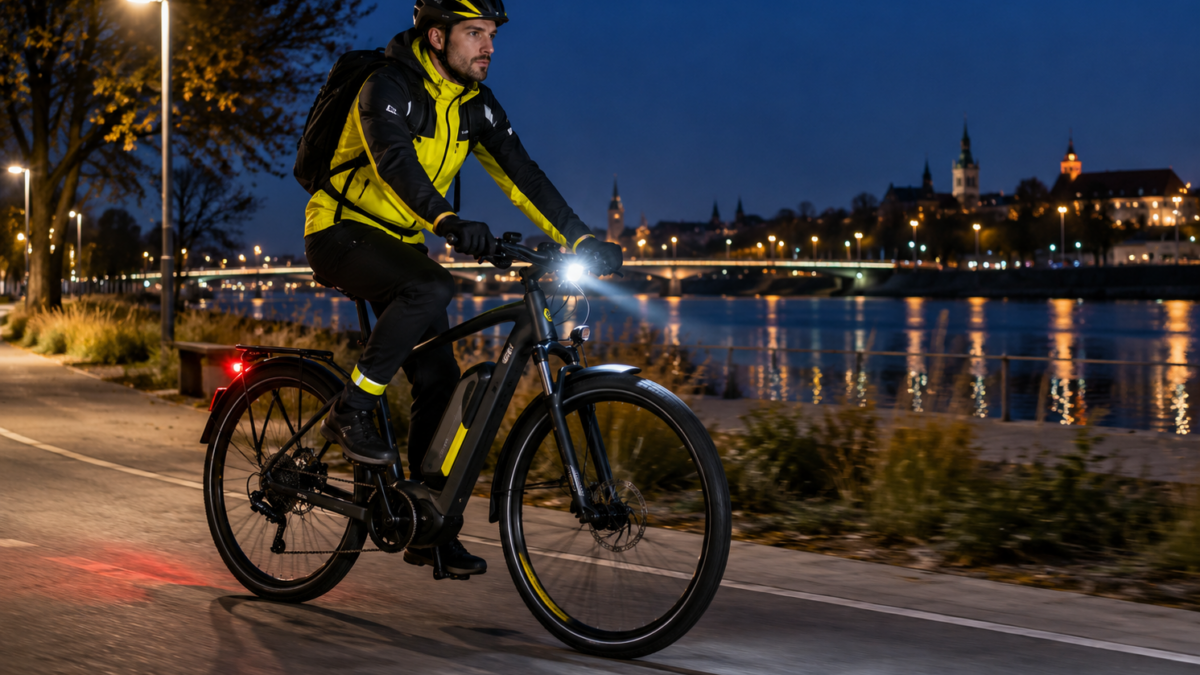 Rower elektryczny podczas nocnej jazdy z włączonym oświetleniem przednim i tylnym
