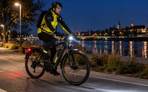 Rower elektryczny podczas nocnej jazdy z włączonym oświetleniem przednim i tylnym